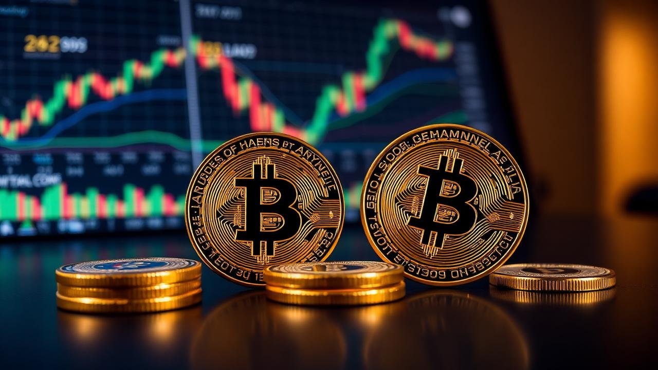 Moedas de Bitcoin sobre superfície escura com gráficos financeiros ao fundo