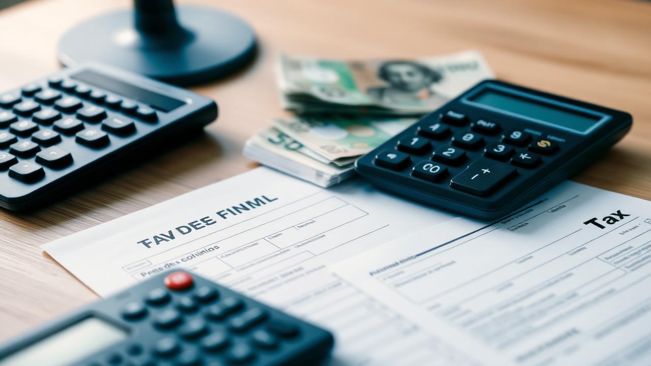 Calculadora, dinheiro em reais e formulário de imposto de renda sobre mesa