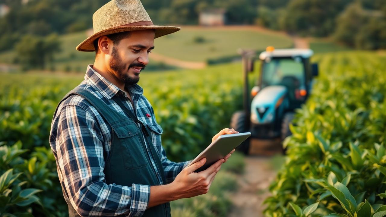 Produtor rural utilizando tablet em plantação com trator ao fundo